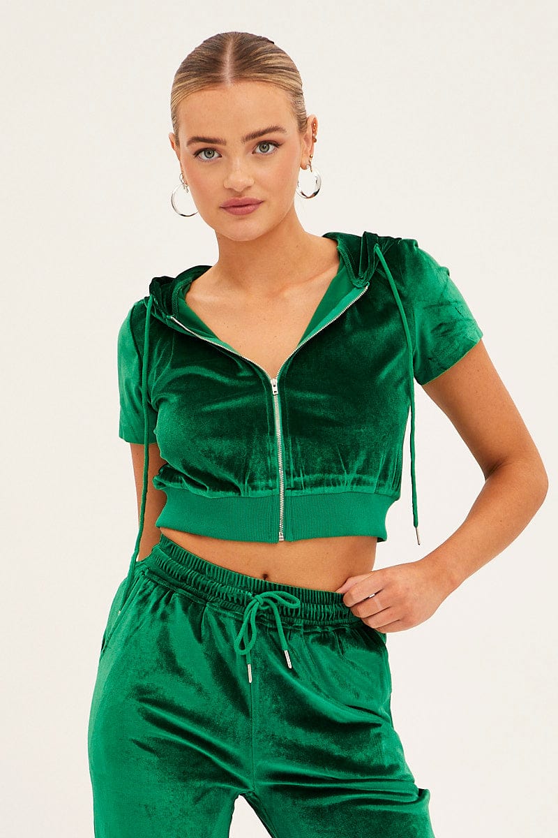Green Velour Short Sleeve Zip Lounge Hoodie