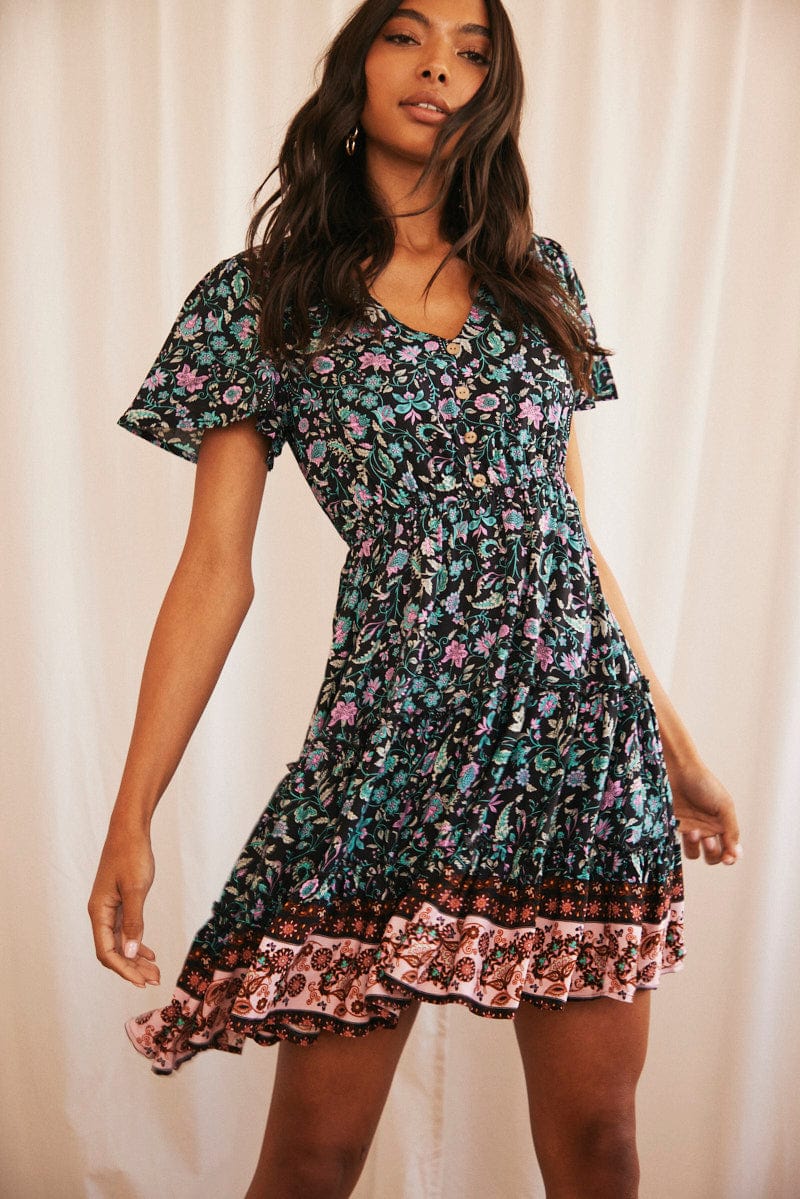 Black Mini Dress Fit & Flare Short Sleeve V-Neck