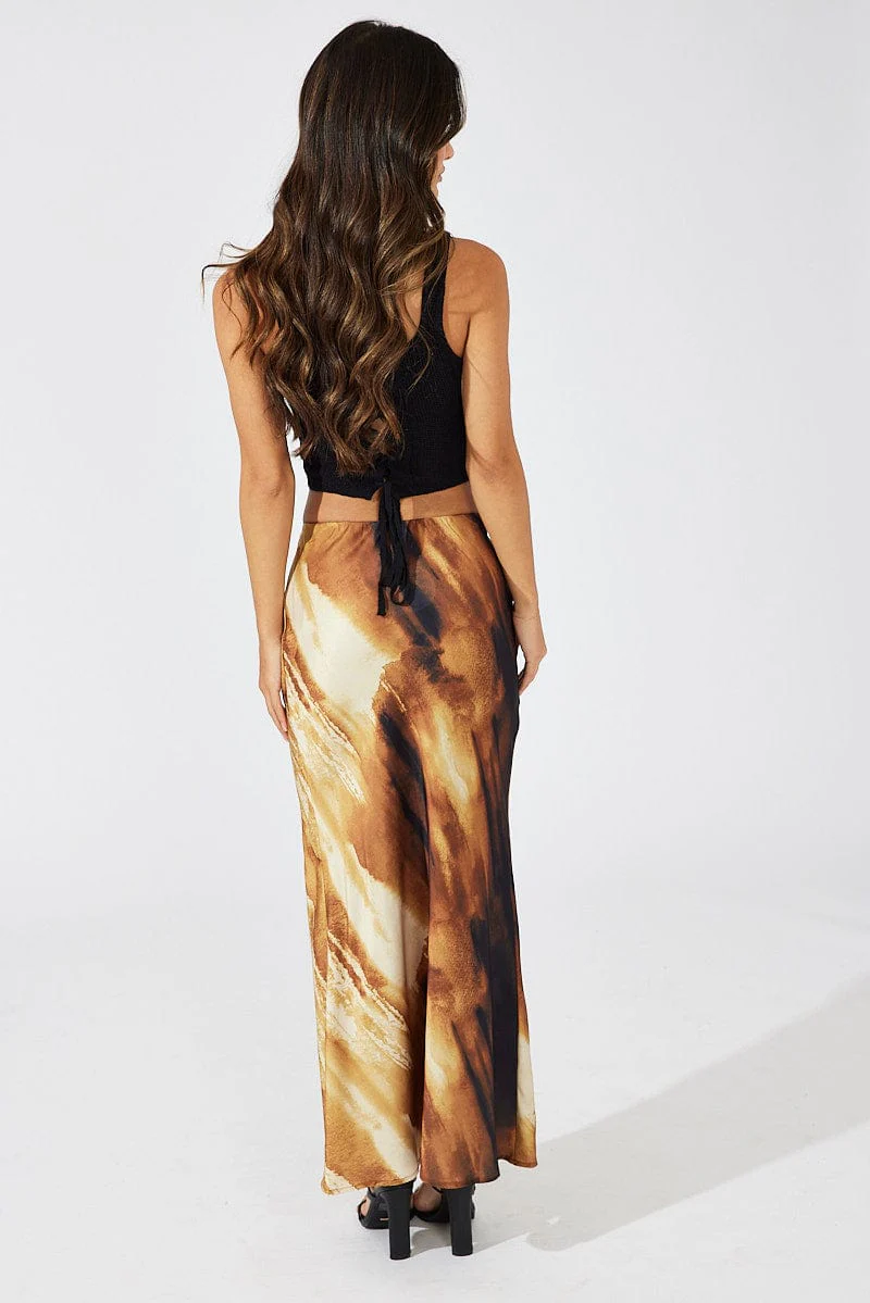 Brown Abstract Slip Skirt Maxi Satin