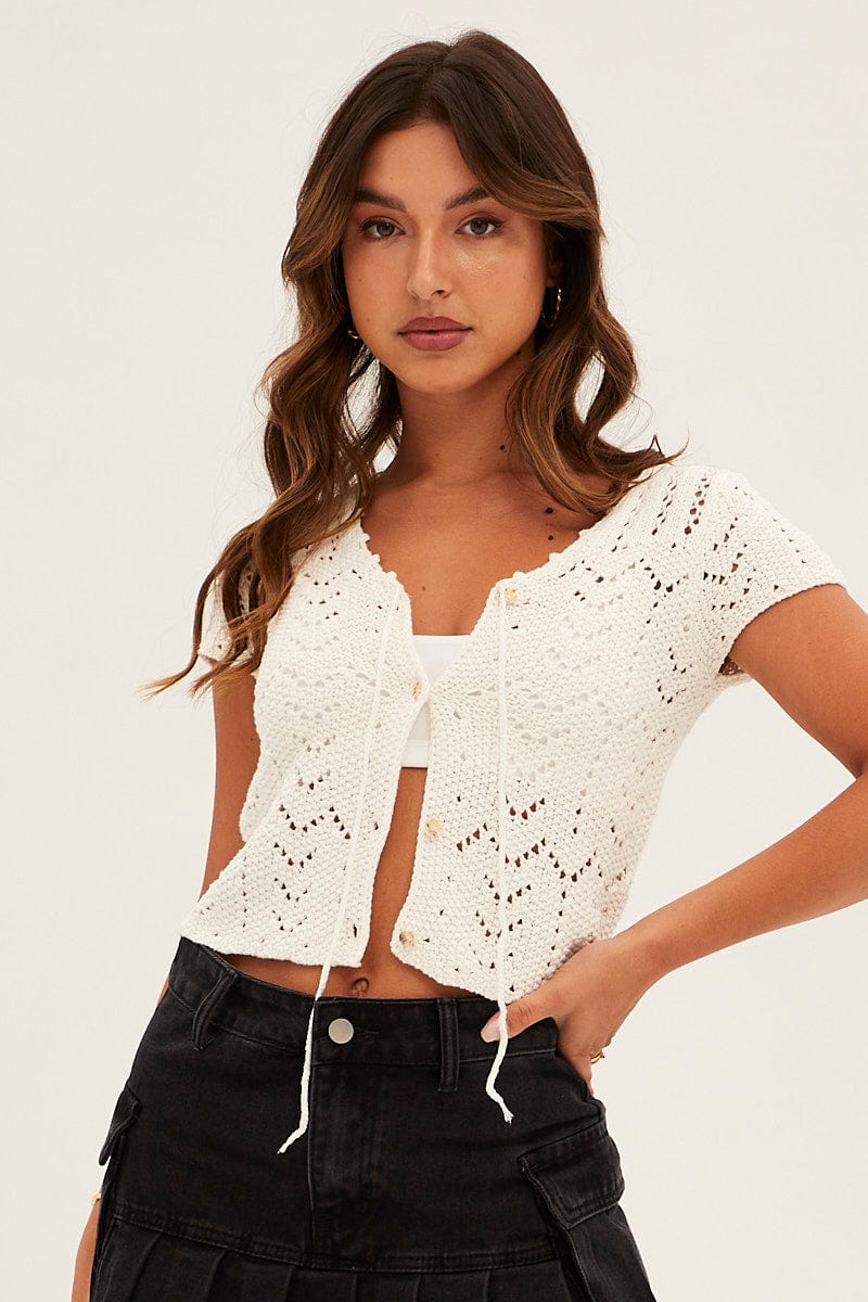 White Knit Cardigan Short Sleeve