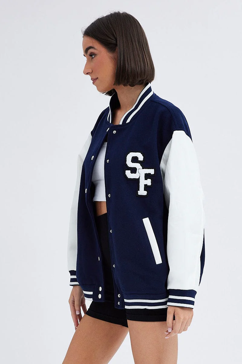 Blue Varsity Jacket Long Sleeves Embroidery Details