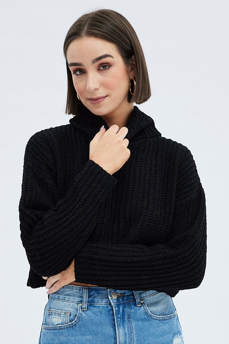 Black Knit Jumper Turtle Neck Chenille