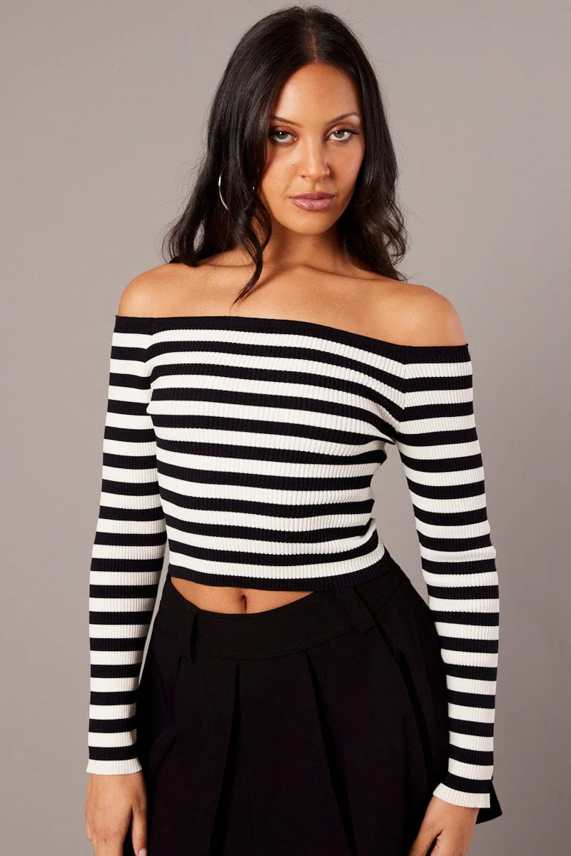 White Stripe Knit Top Long Sleeve Off Shoulder