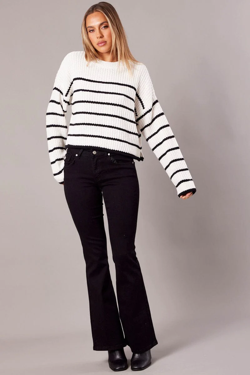 White Stripe Knit Top Long Sleeve Chenille