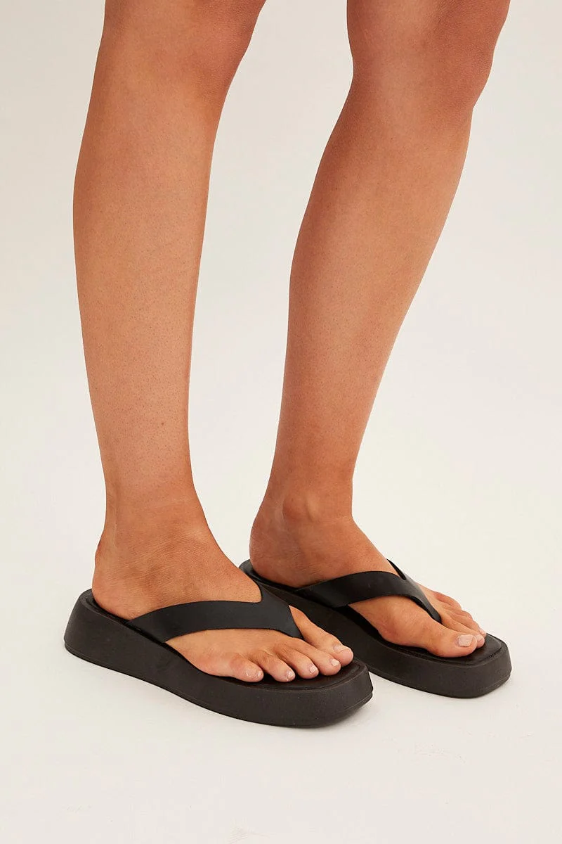 Black Toe Post Thong Wedge Sandals