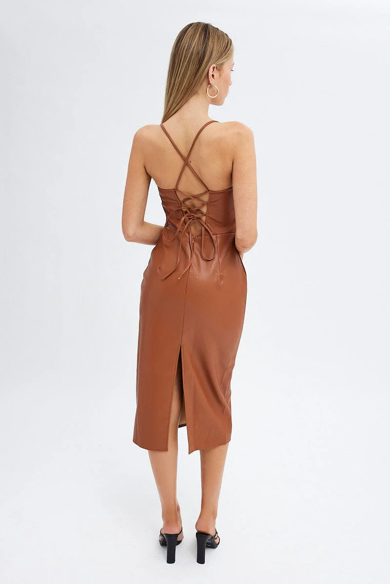 Beige Faux Leather Dress Sleeveless Scoop Neck Midi