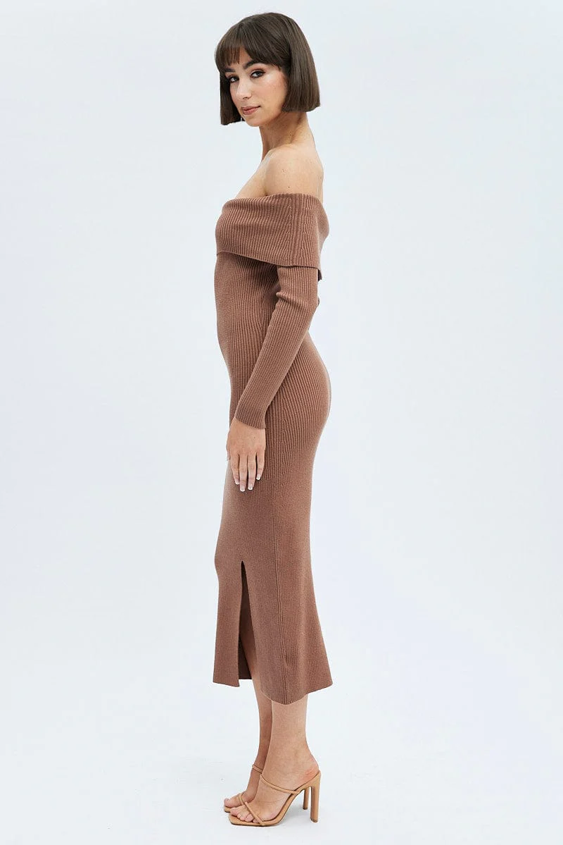 Brown Midi Dress Long Sleeve Off Shoulder Bardot Knit