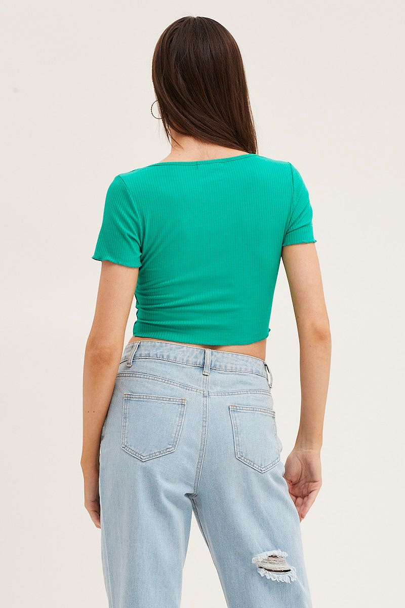 Green V Neck Lettuce Edge Baby Tee