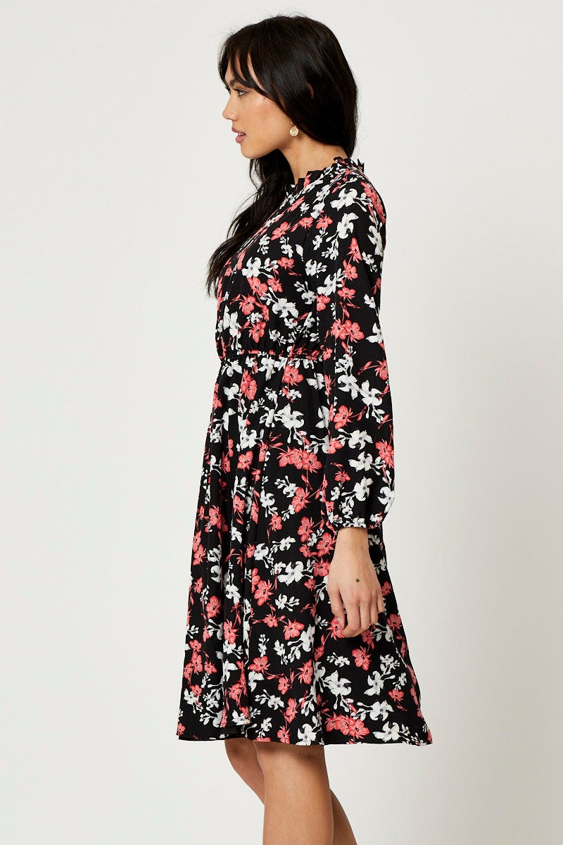 Print High Neck Floral Midi Dress