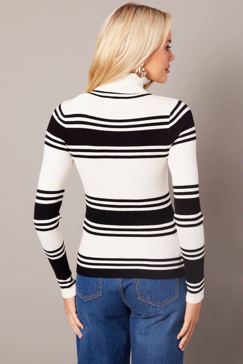 White Stripe Knit Top Long Sleeve High Neck