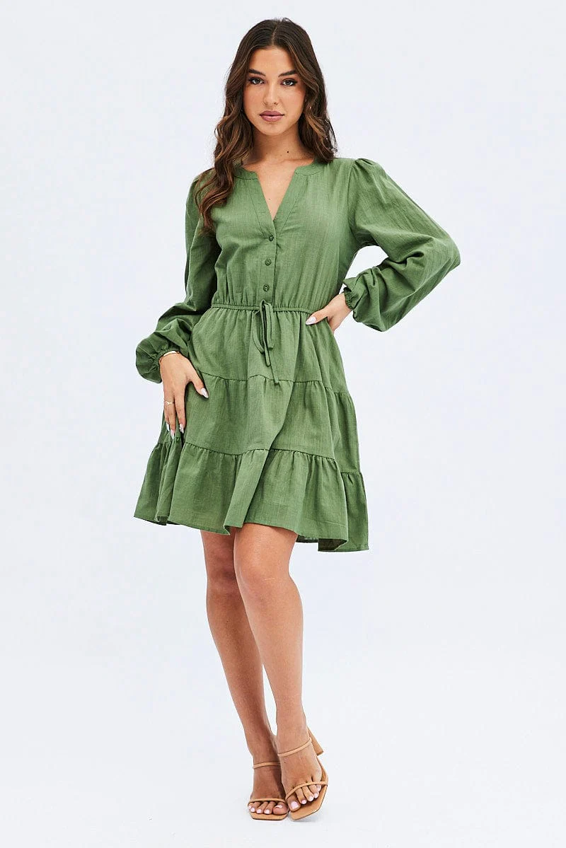 Green Shirt Dress Long Sleeve Tiered