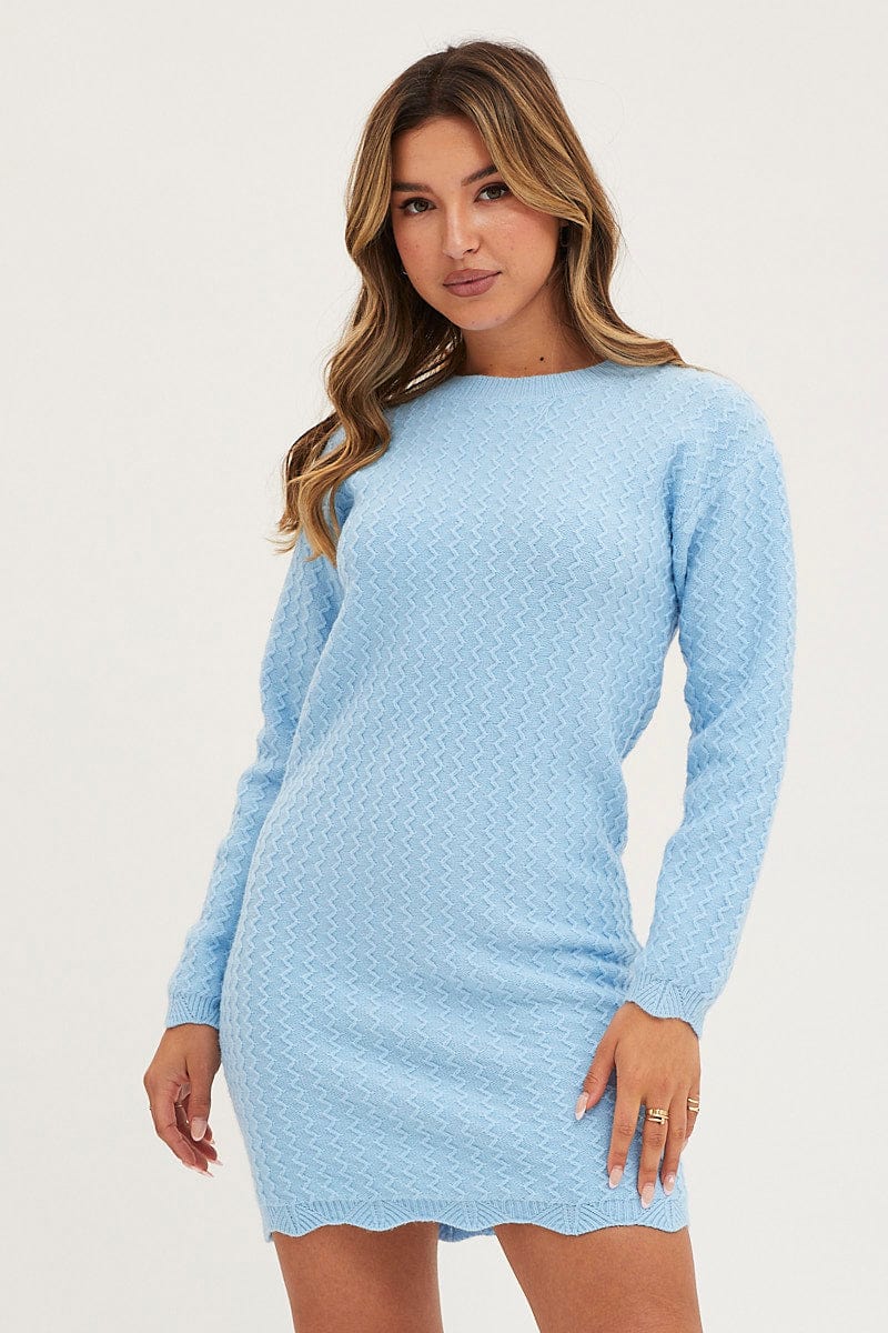 Blue Dress Long Sleeve Mini Knit