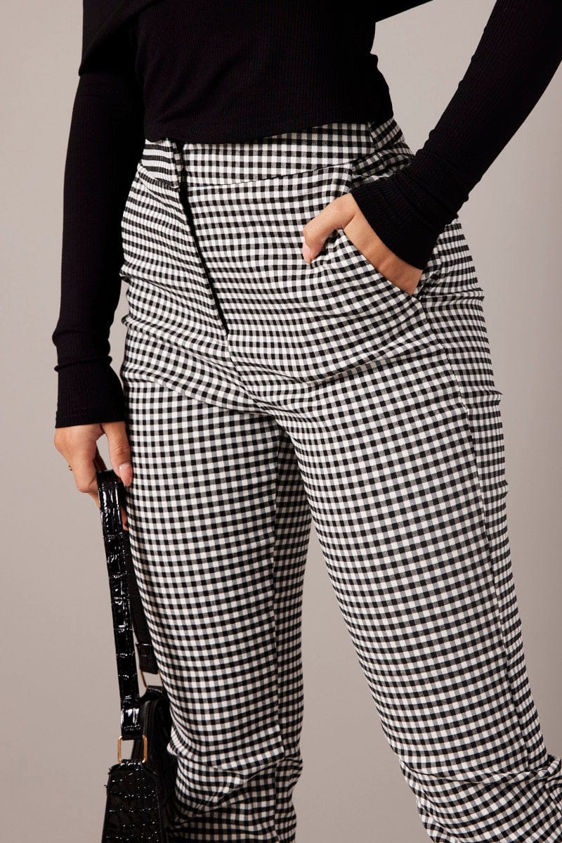 Black Check Slim Pants High Rise