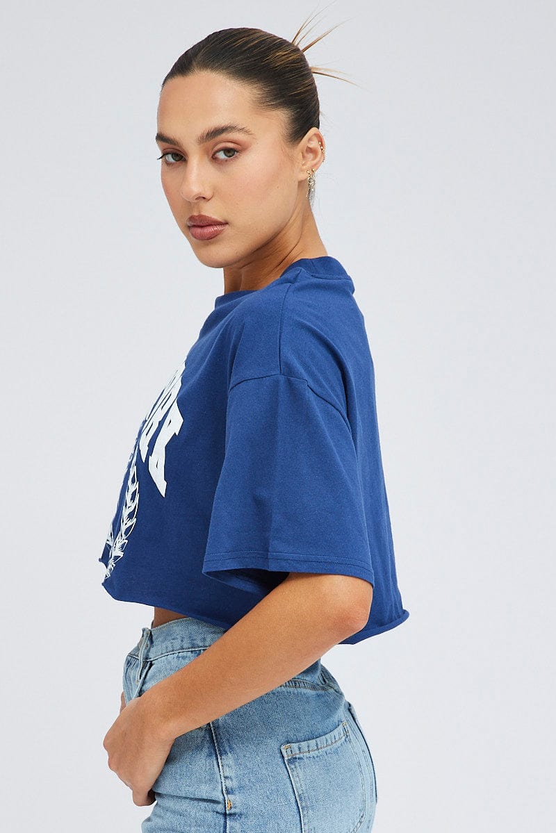 Blue Crop T Shirt Short Sleeve Crew Neck New York