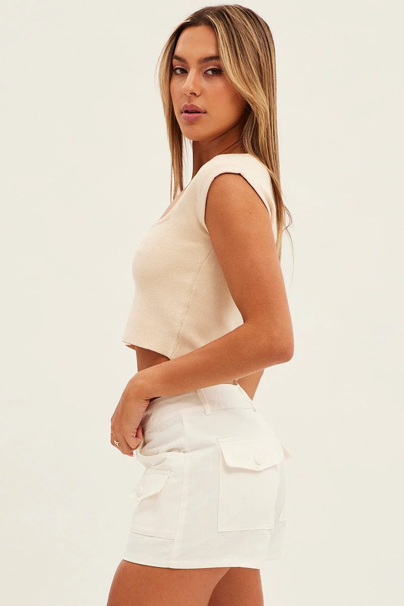 White Cargo Shorts High Rise