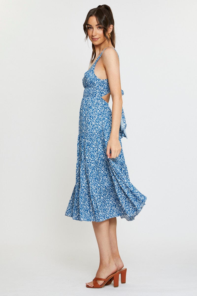 Daisy Print Midi Dress Sleeveless V Neck