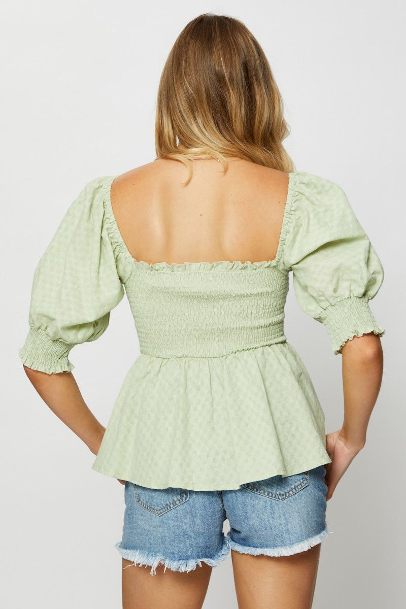 Green Peplum Top Short Sleeve Round Neck