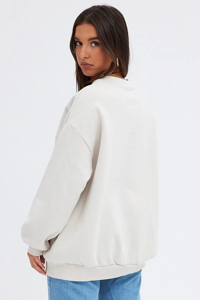 Beige Sweater Sky Mountain- Embroidery Long Sleeve