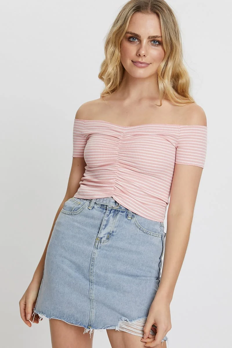 Stripe Ruched Front Stripe Bardot Top