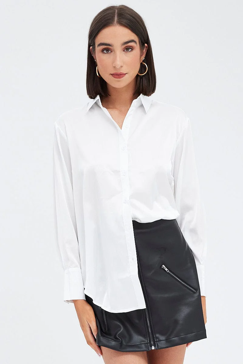 White Satin Shirt Long Sleeve Collared Neck