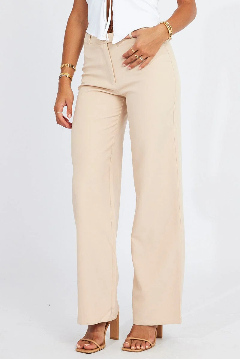 Beige Straight Fit Pants Mid Rise
