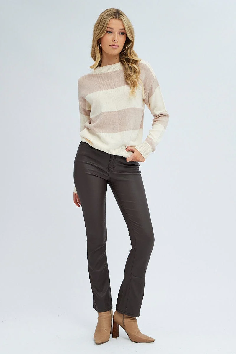 Stripe Knit Top Long Sleeve Round Neck Colour Block