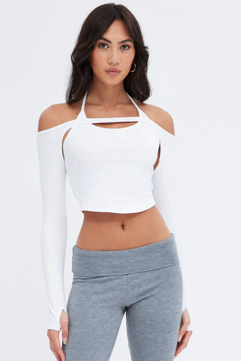 White Shrug & Halter Top Set Long Sleeve Semi-crop