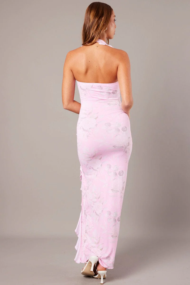 Pink Floral Ruffle Maxi Dress Halter Thigh Split Dress