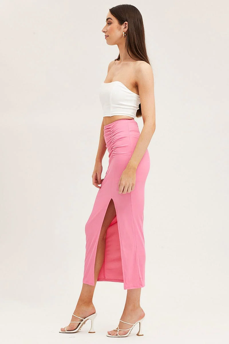 Pink Rib Jersey Front Slit Pencil Midi Skirt