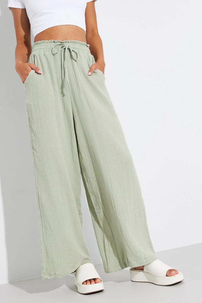Green Wide Leg Pants High Rise