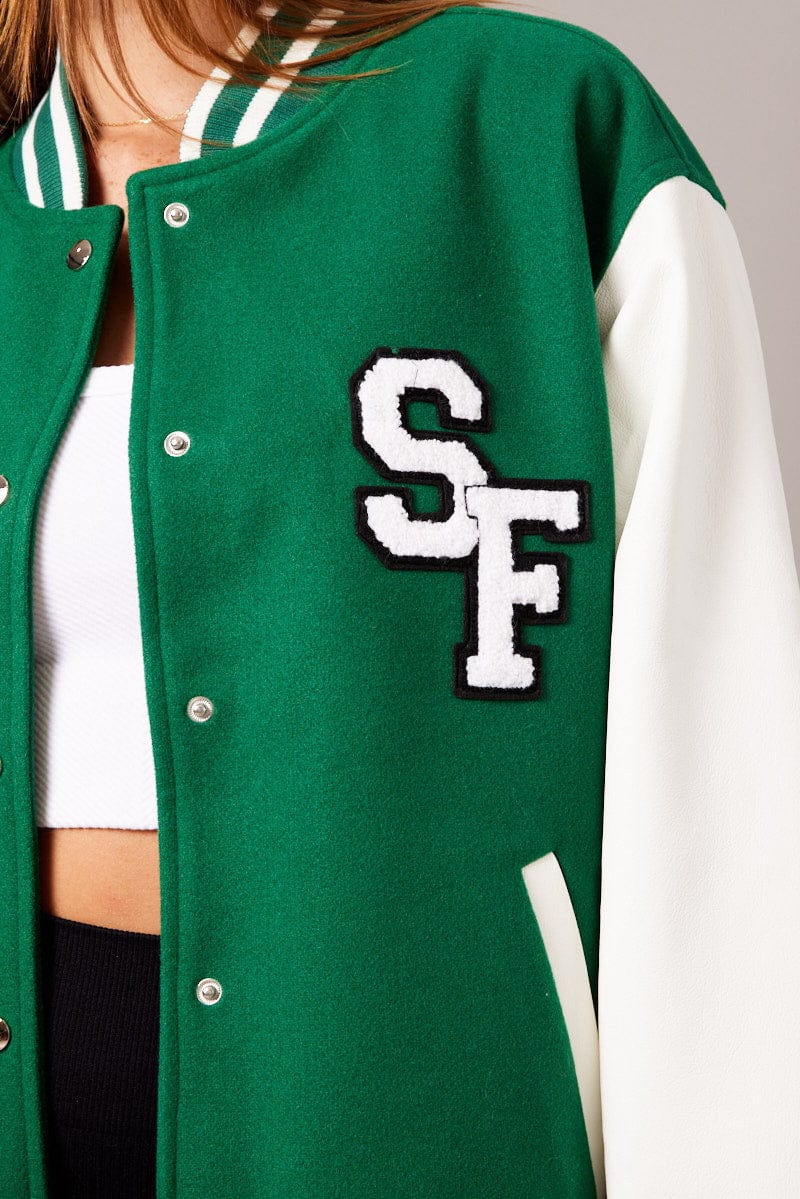 Green Varsity Jacket Long Sleeves Embroidery Details