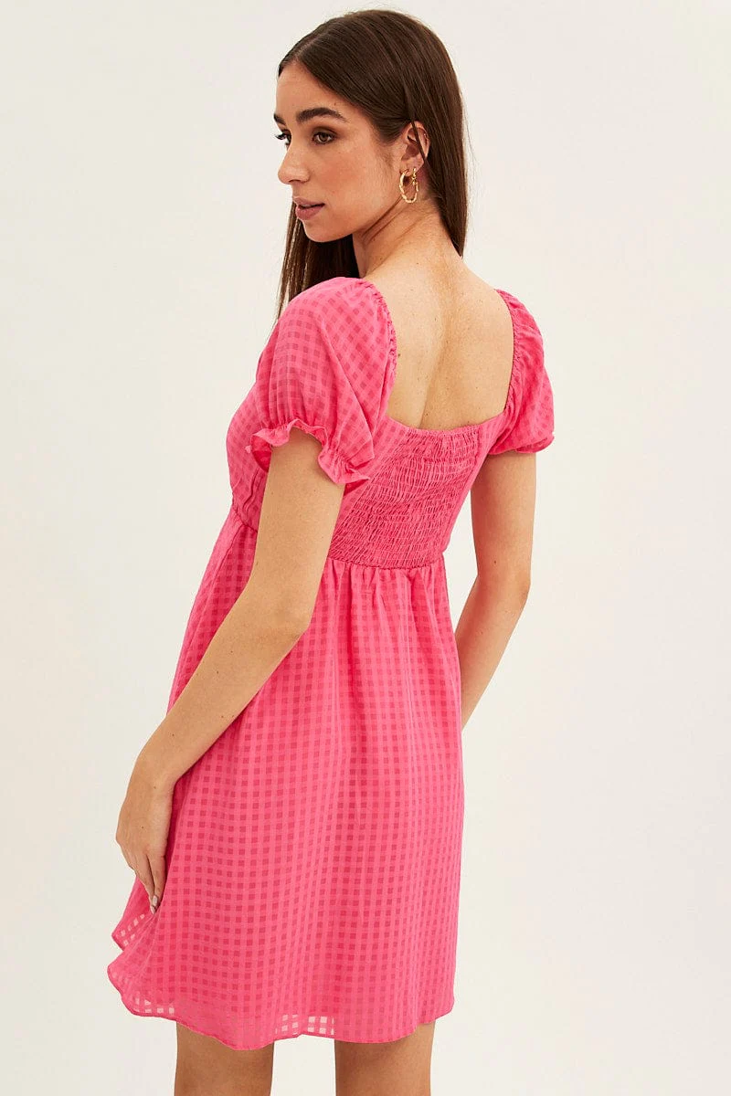 Pink Square Neck Puff Sleeve Skater Dress