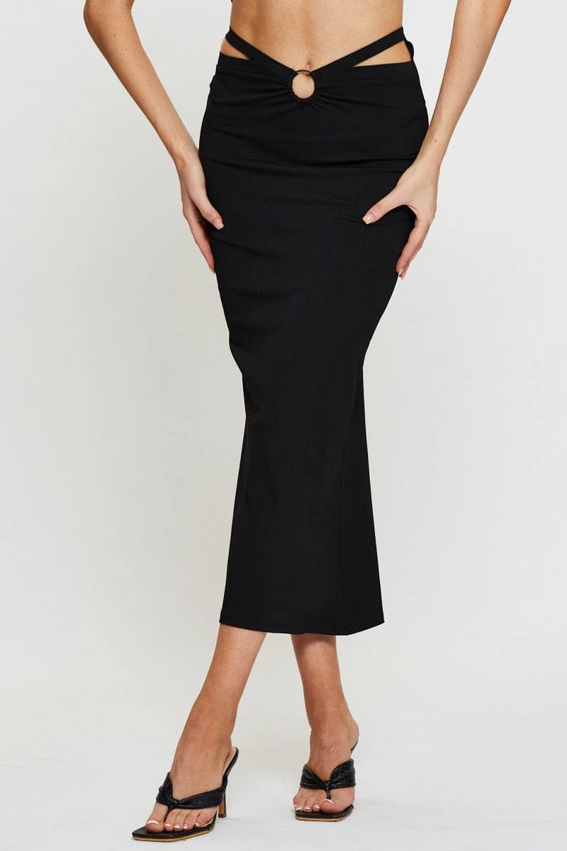 Black Midi Skirt Rig Detailed Ribbed Jersey