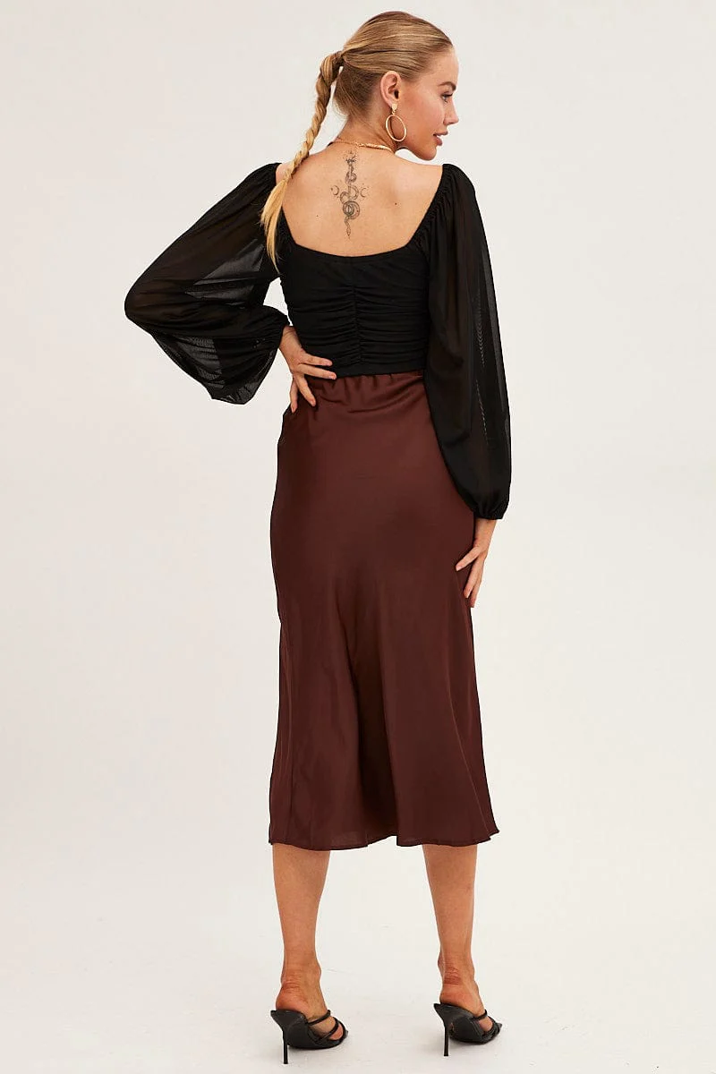 Brown Slip Skirt Midi Front Split Satin