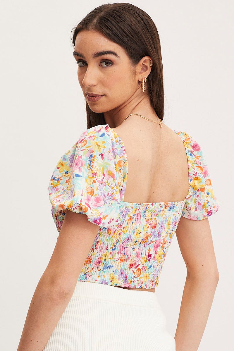 Print Puff Sleeve Top Short Sleeve Crop