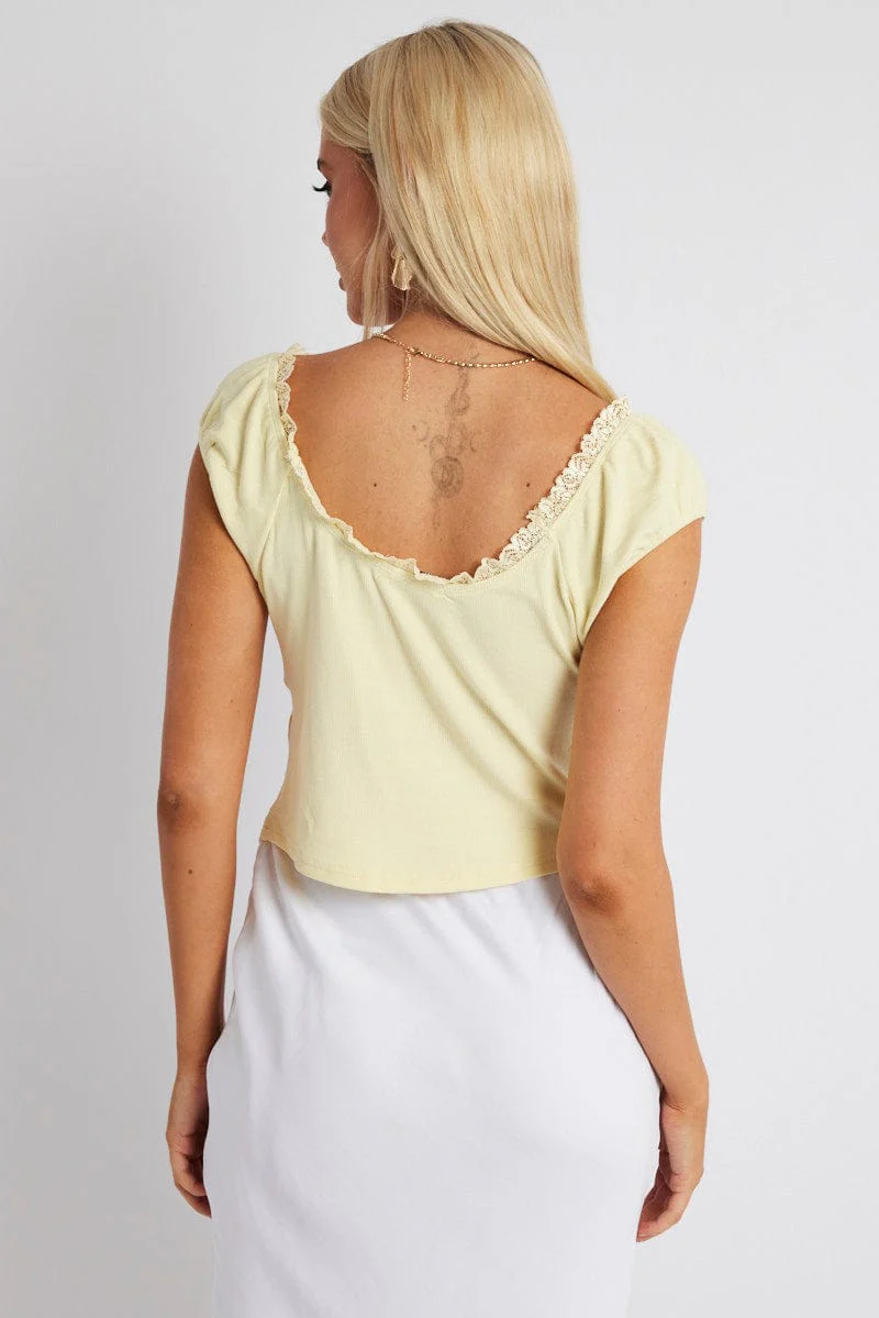 Yellow Front Tie Top Short Sleeve Rib