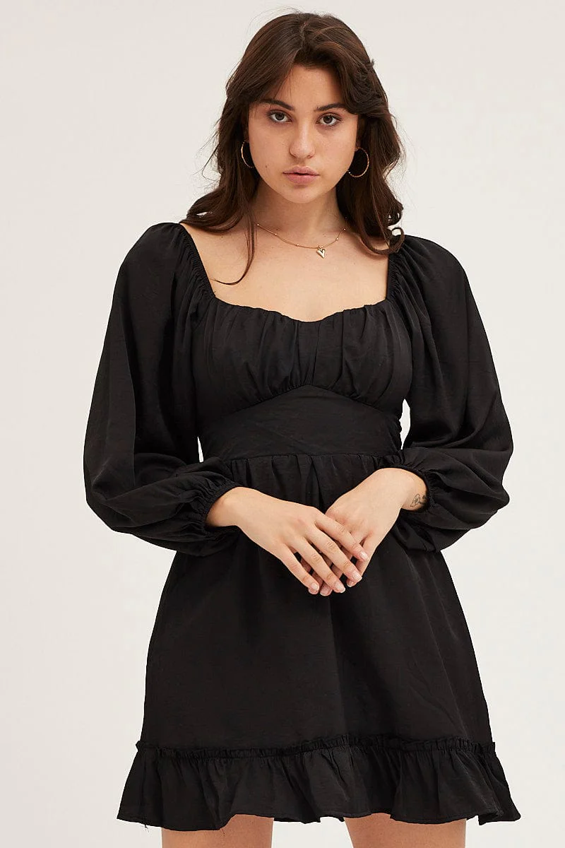 Black Long Sleeve A-Line Mini Dress