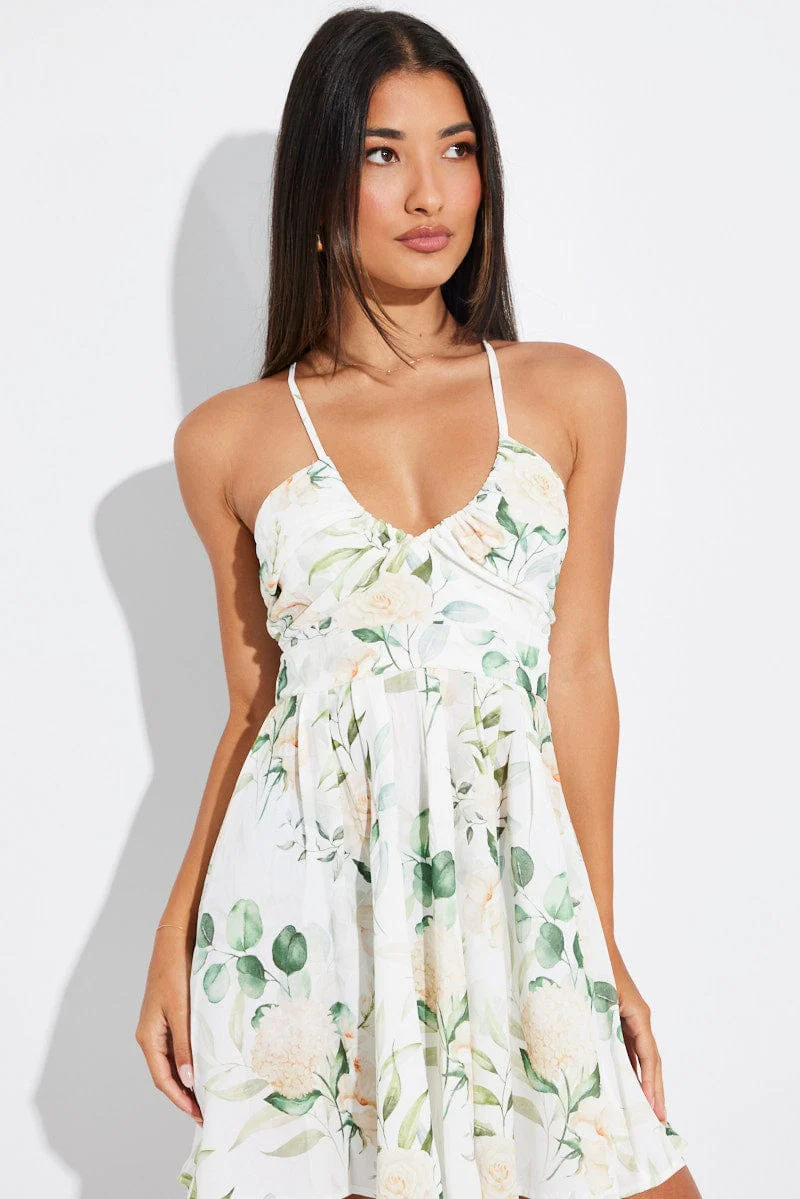 White Floral Ruched Skater Dress Strappy  Gathered Swishy Dress