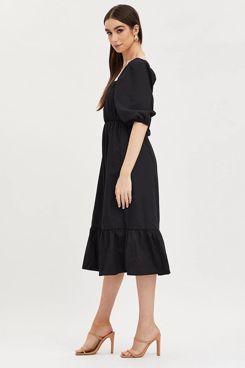 Black Midi Dress Short Sleeve Square Neck
