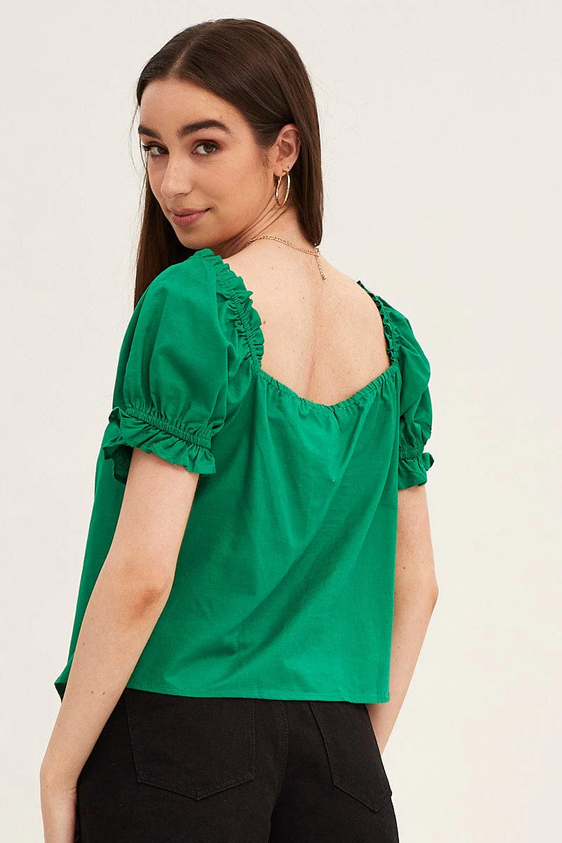 Green Cotton Linen Puff Short Sleeve Longline Top
