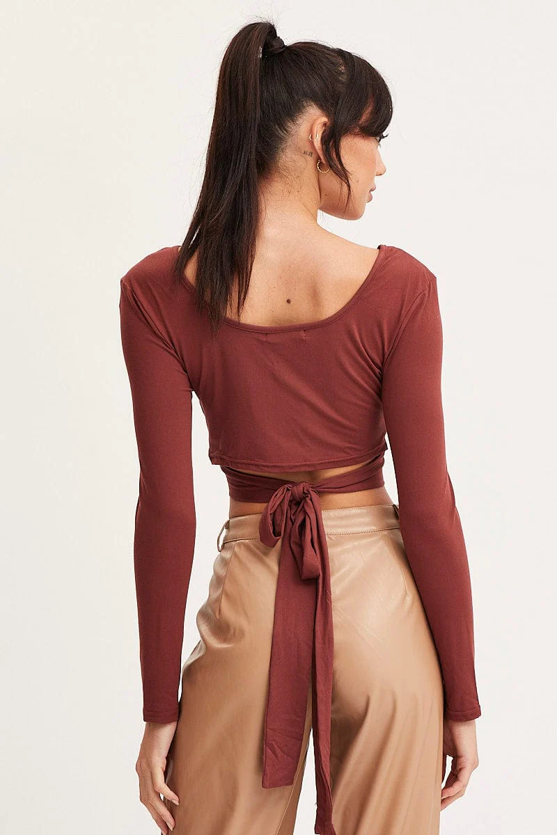 Brown Tie Back Top Long Sleeve Crop