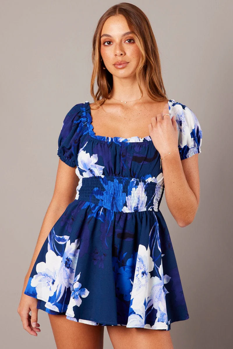 Blue Floral Ruffle Playsuit Short Sleeve
