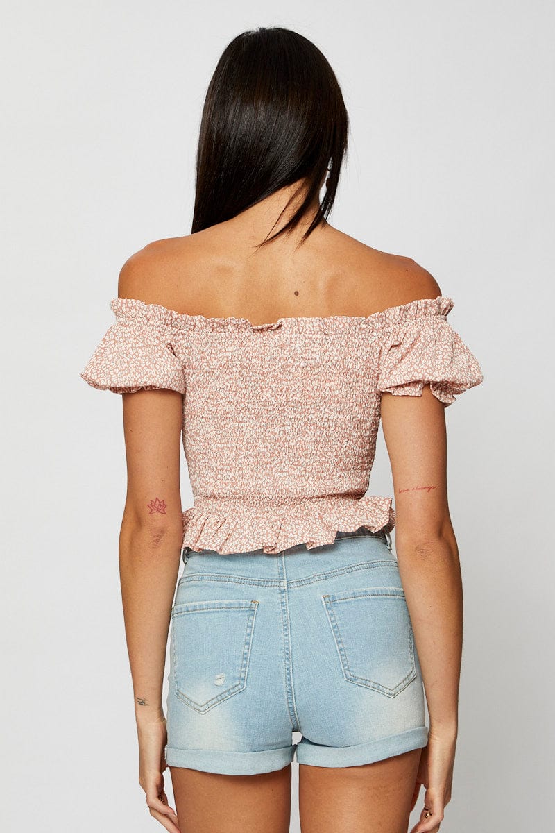 Geo Print Crop Top Short Sleeve Off Shoulder