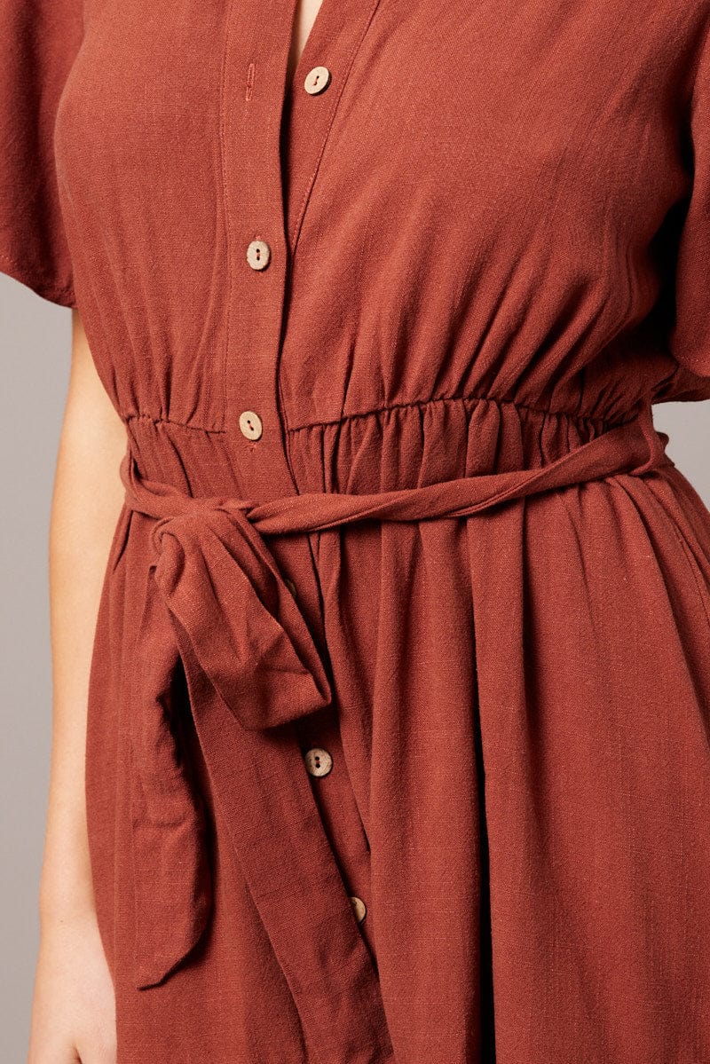 Brown Fit And Flare Dress Wing Sleeve