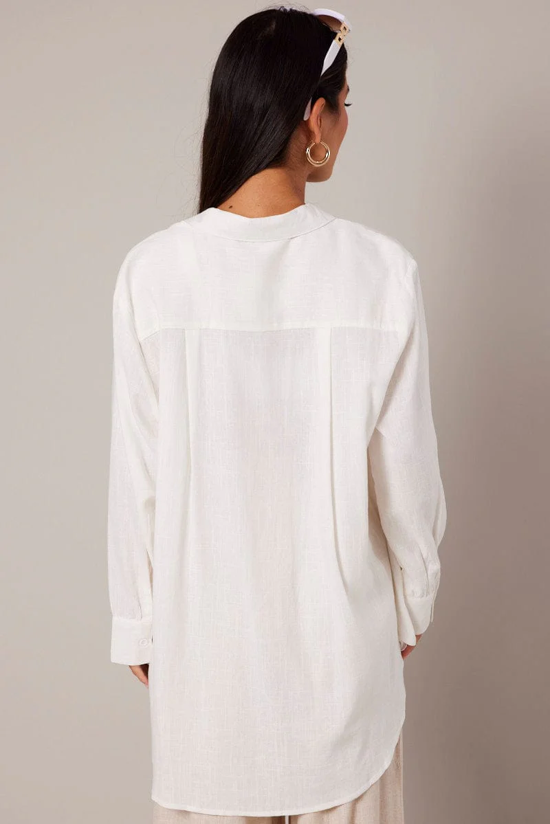 White Relaxed Shirt Long Sleeve Textured