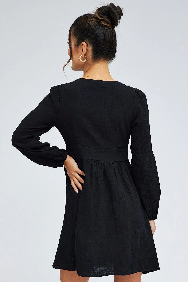 Black Long Sleeve Button Front Dress