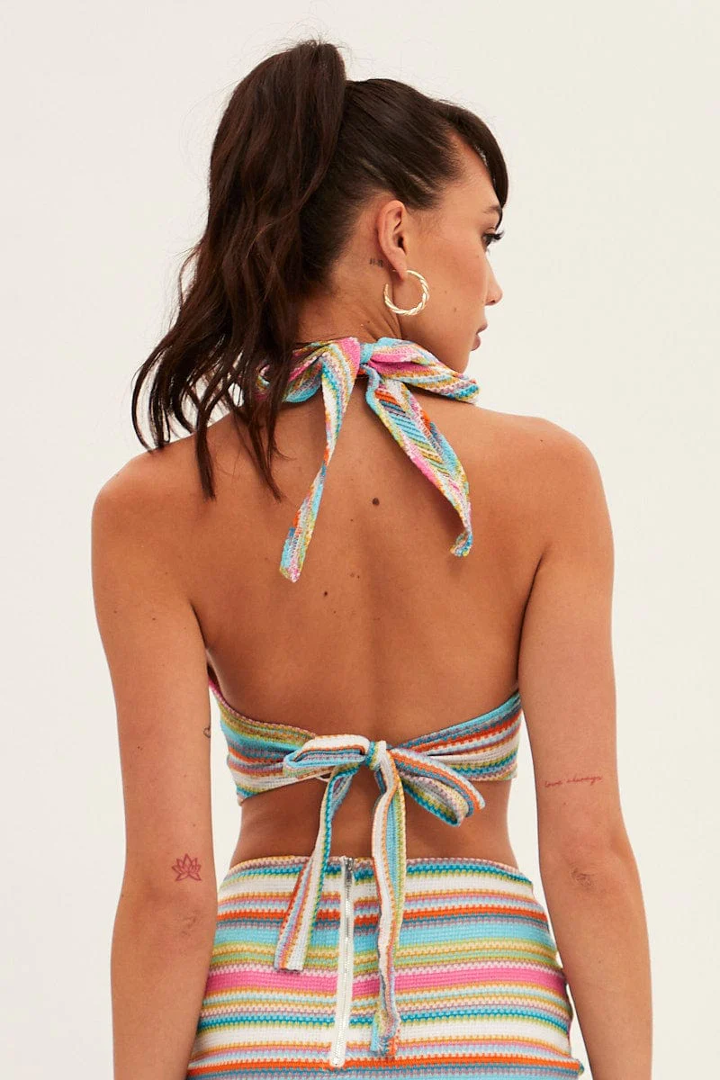 Orange Stripe Halter Top Crop Crochet