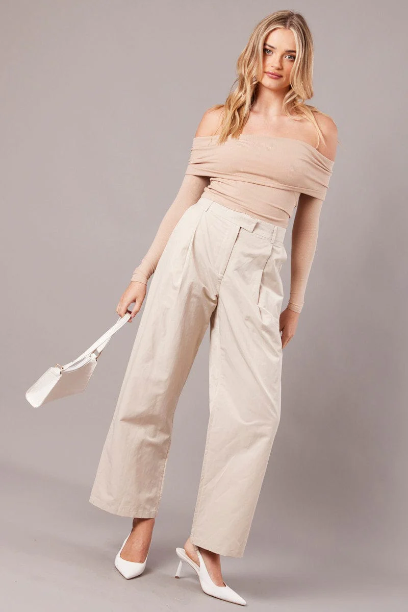 Brown Off Shoulder Top Long Sleeve