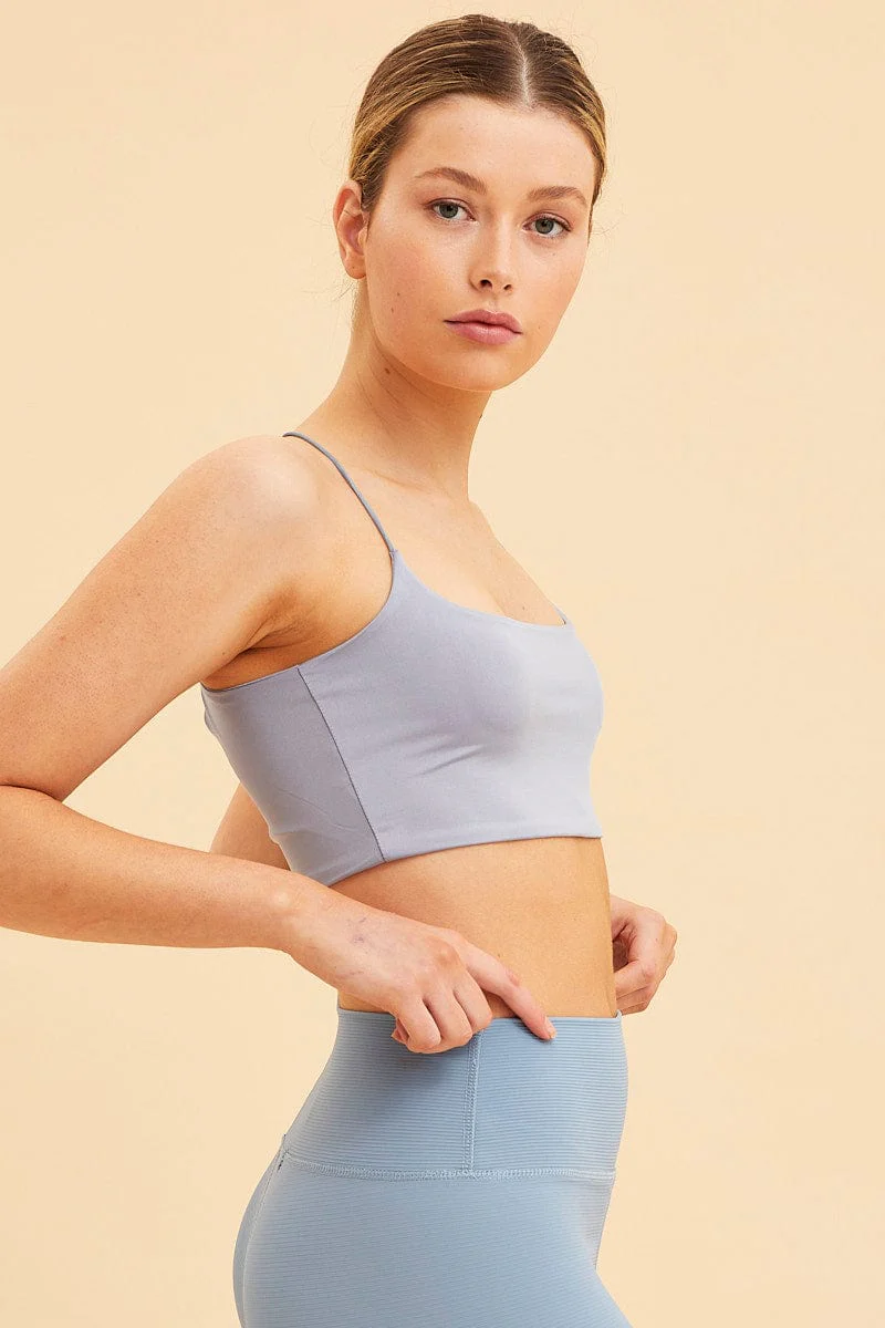 Blue Crop Cami Top Scoop Neck Sleeveless Thin Strap