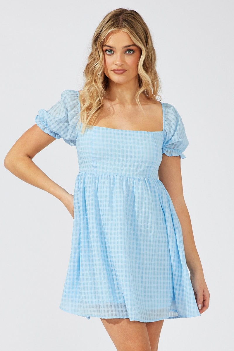 Blue Fit and Flare Dress Short Sleeve Self Check